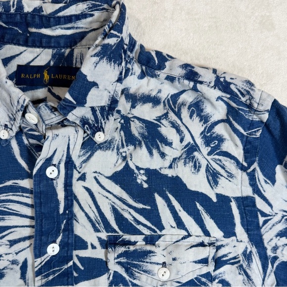 Polo Ralph Lauren Size Small 100% Linen Navy Floral Nautical Men's Shirt - Picture 2 of 7